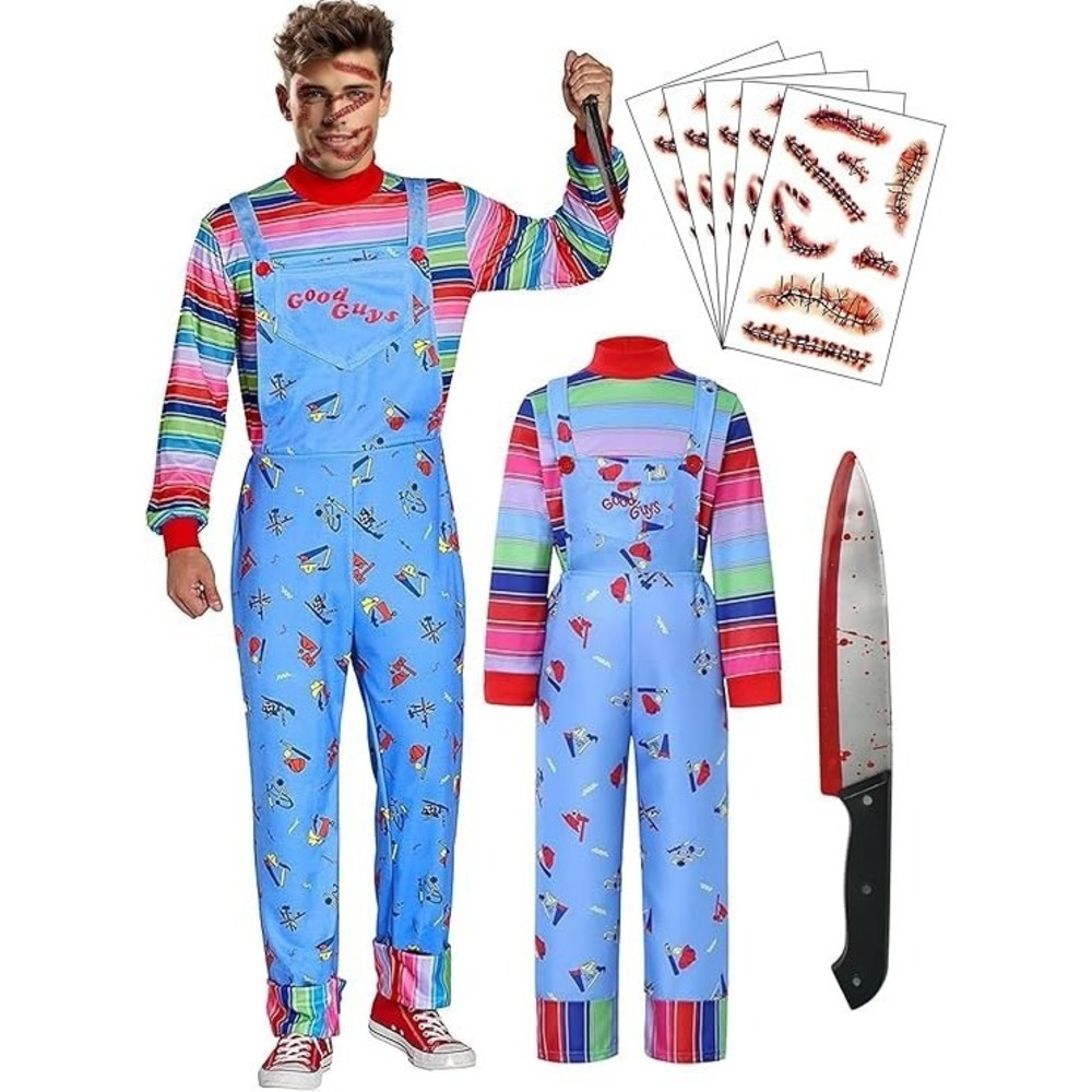Adult Chucky Halloween Costume Men Women Overalls Shirt Knife Scars XL New